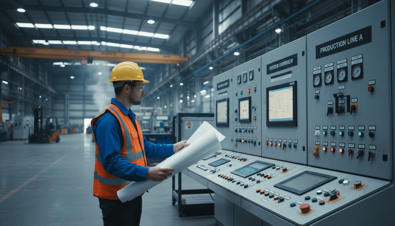 Engineer reviewing system architecture on a tablet in an industrial plant