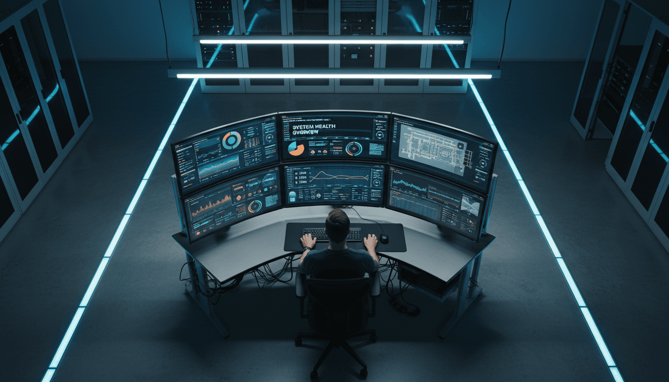 Engineer analyzing data dashboard on a computer screen in a control room