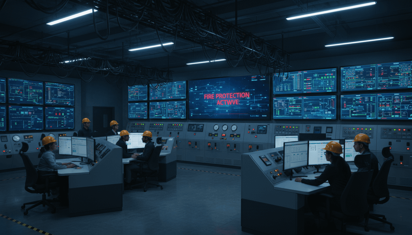 Control-room operator at a multi-monitor SCADA wall showing P&ID diagrams, tank levels, and alarm banners in a dim industrial operations center, cinematic wide shot