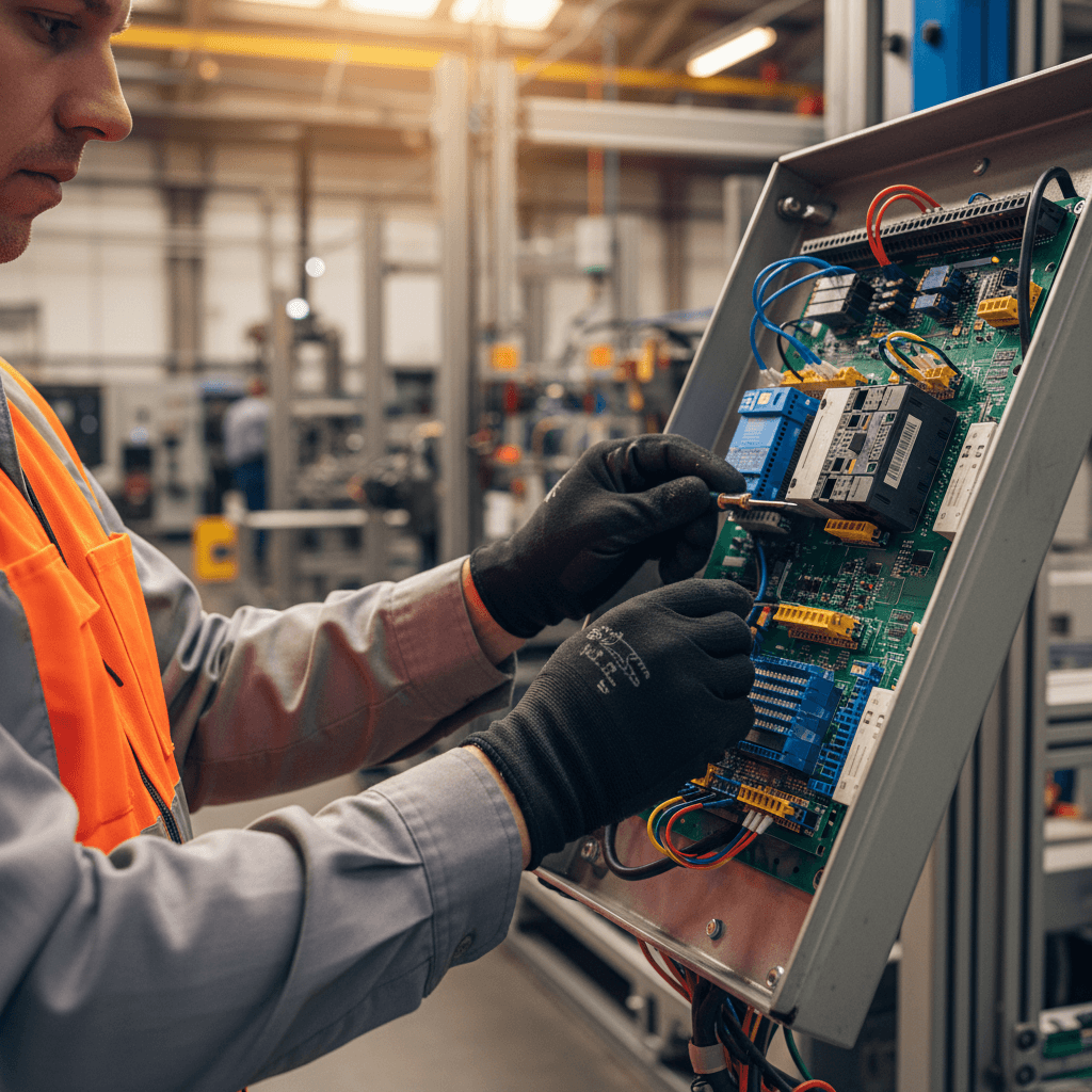 Factory technician inspecting an open Allen-Bradley PLC cabinet with labeled I/O terminals and Siemens panel nearby, warm shop lighting, realistic industrial photo