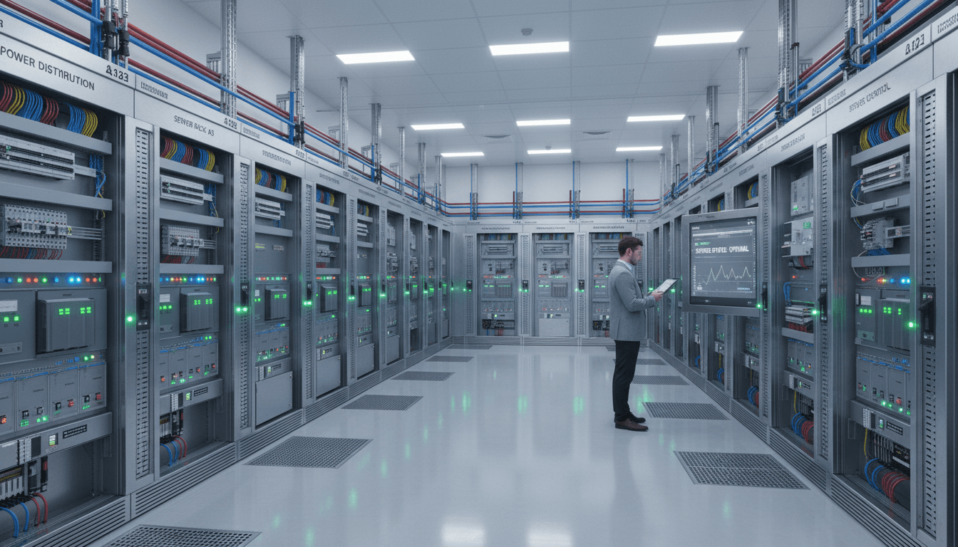 Close-up of an industrial PLC cabinet with labeled Allen-Bradley and Siemens racks, ethernet cables, and status LEDs glowing in a clean factory control room, documentary photography
